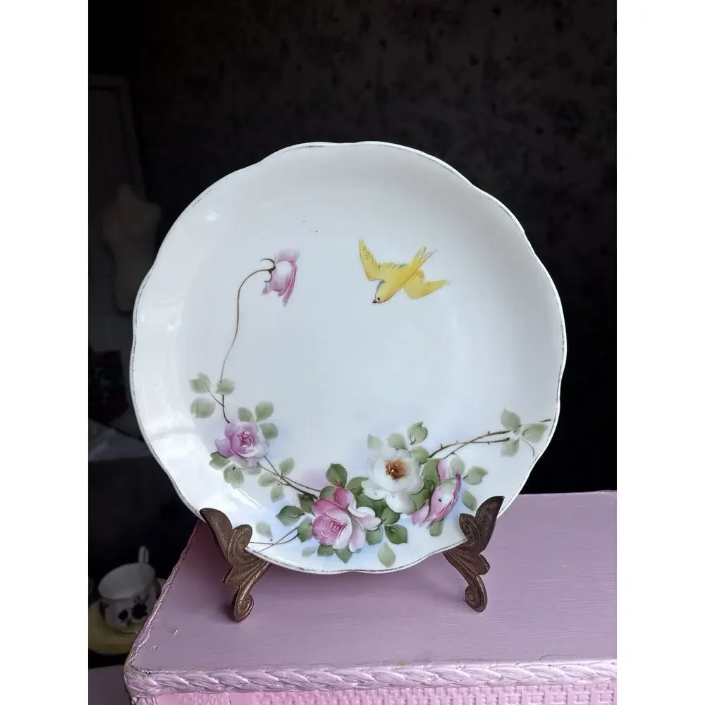 Nippon Hand Painted Decorative Plate Flowers Yellow Bird White 9